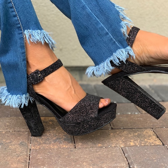 Midnight Black Shimmering Chunky Heel Platform - Picture 6 of 8